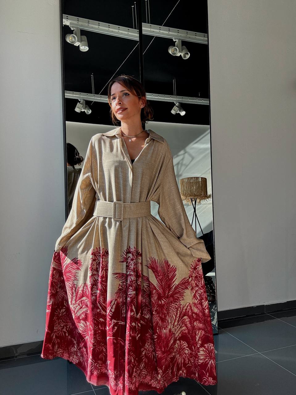 Robe longue beige à imprimé palmier - ATN005-412 - Fenomen Paris