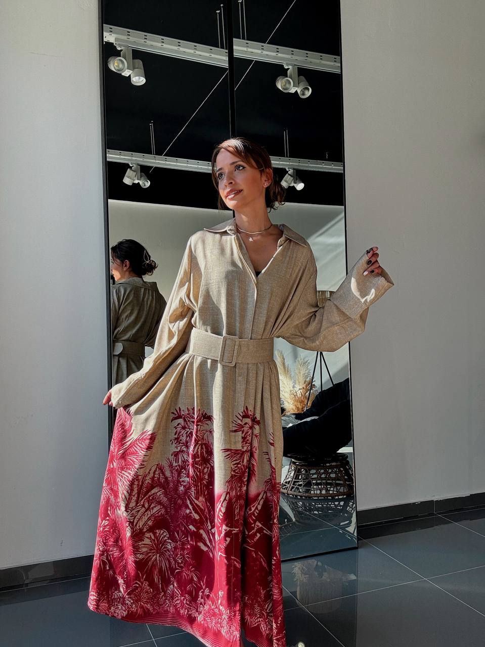 Robe longue beige à imprimé palmier - ATN005-412 - Fenomen Paris