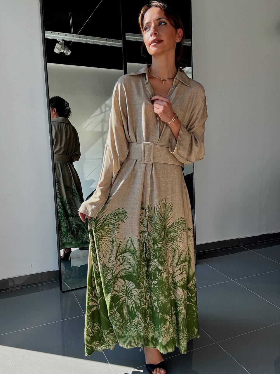 Robe longue beige à imprimé palmier - ATN005-412 - Fenomen Paris