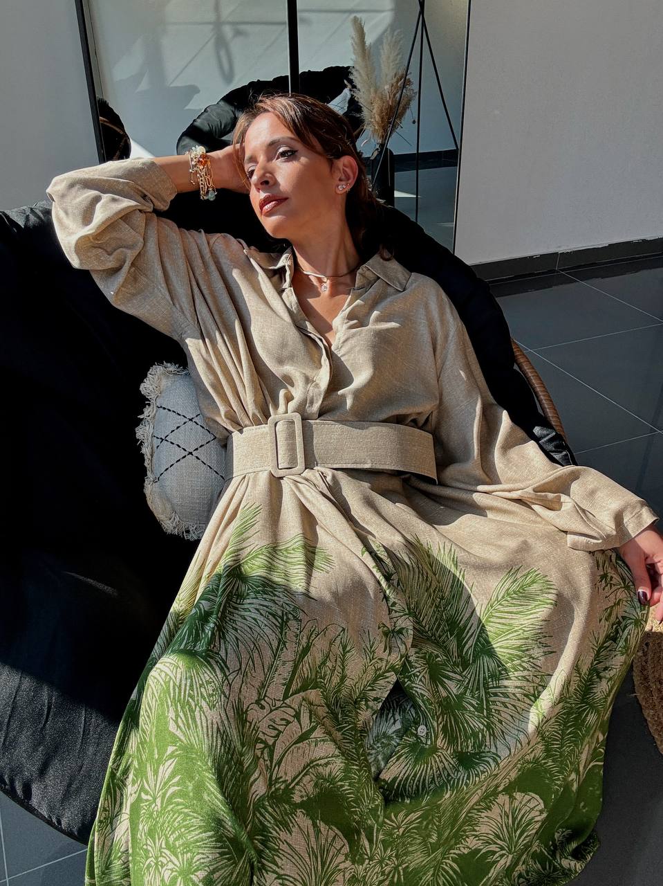 Robe longue beige à imprimé palmier - ATN005-412 - Fenomen Paris