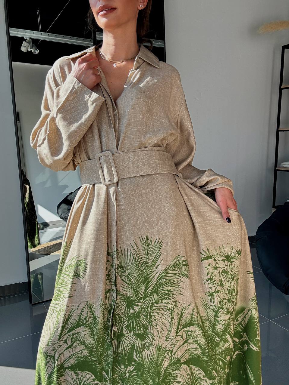 Robe longue beige à imprimé palmier - ATN005-412 - Fenomen Paris