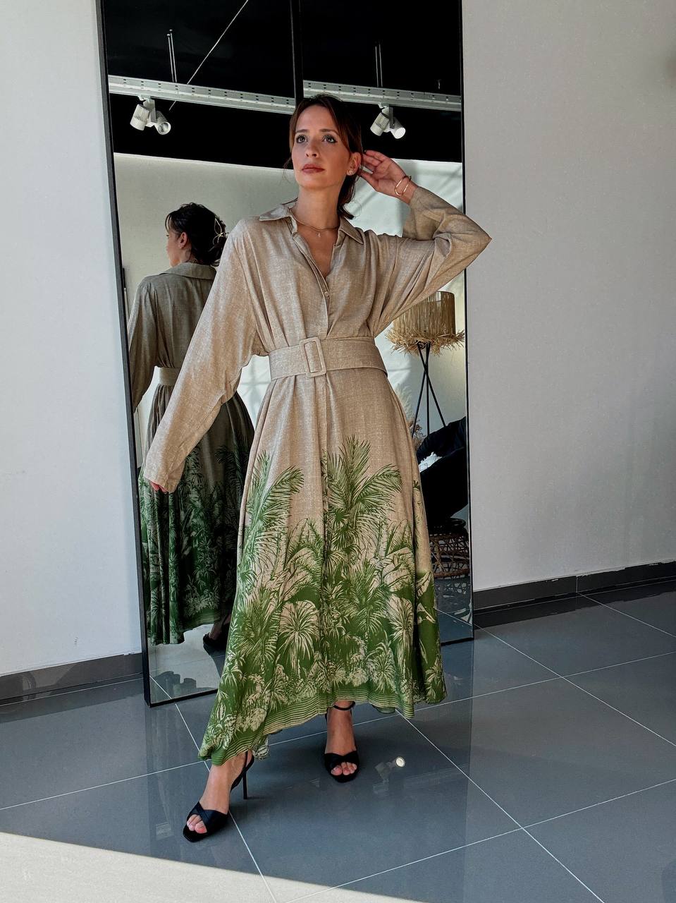 Robe longue beige à imprimé palmier - ATN005-412 - Fenomen Paris