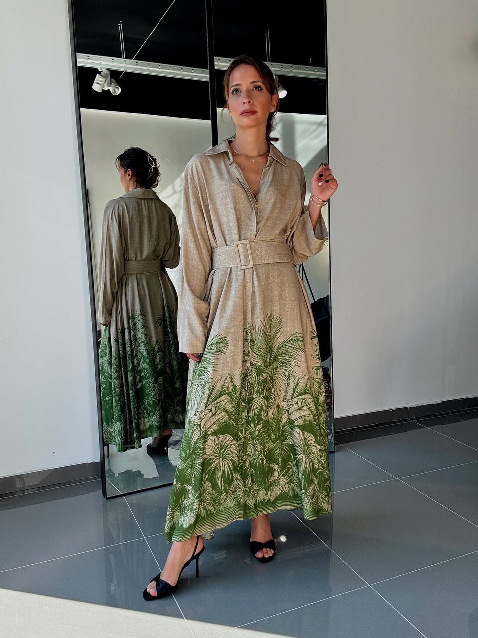 Robe longue beige à imprimé palmier - ATN005-412 - Fenomen Paris