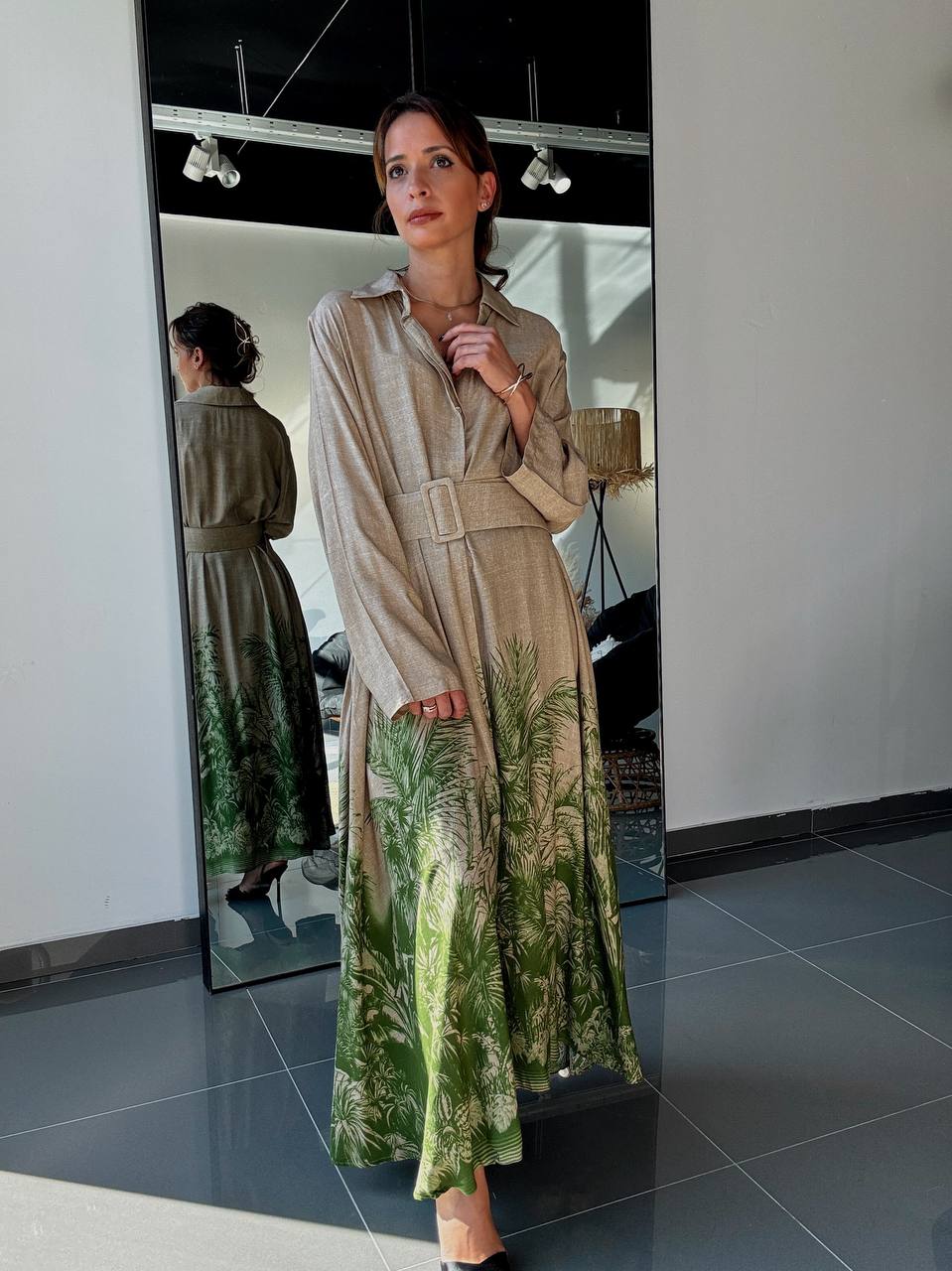 Robe longue beige à imprimé palmier - ATN005-412 - Fenomen Paris