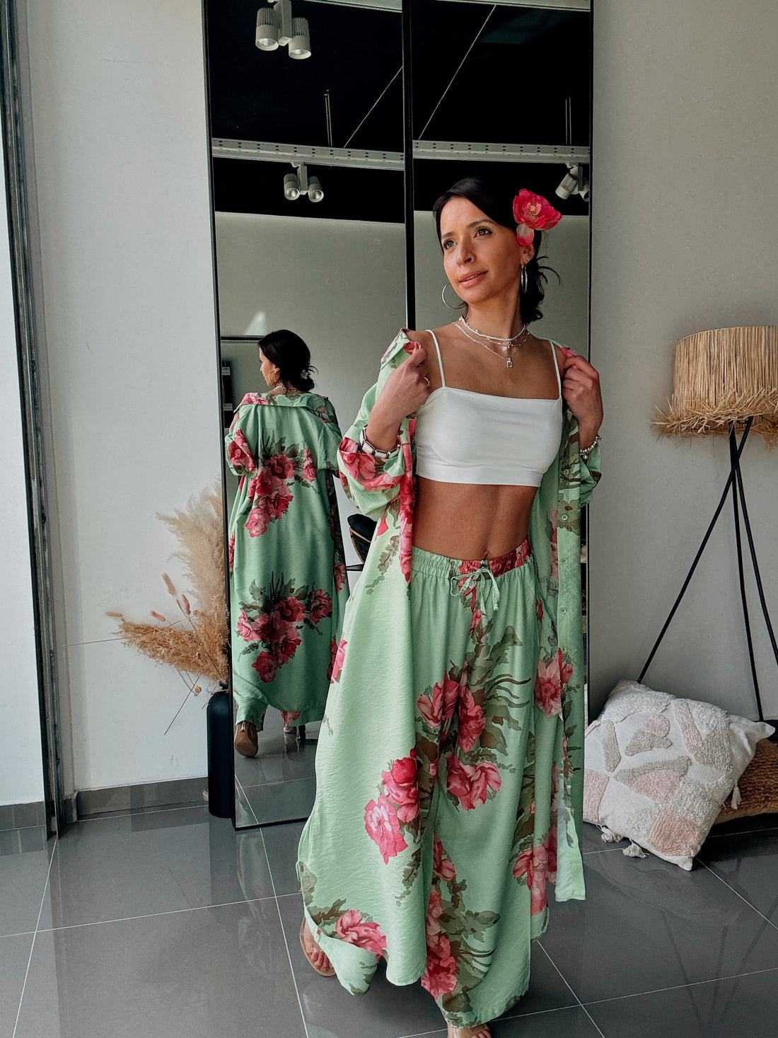 Ensemble Chemise & Pantalon Imprimé Floral-VERT - Fenomen Paris