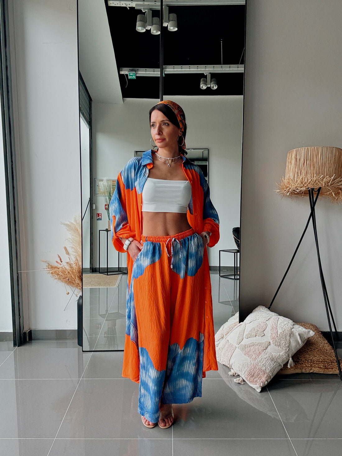 Ensemble chemise longue & pantalon – Imprimé floral ORANGE BLEU - Fenomen Paris