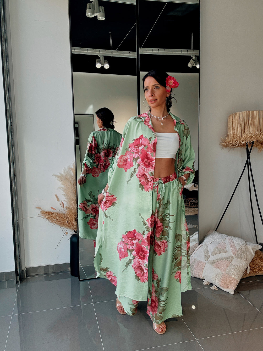 Ensemble Chemise & Pantalon Imprimé Floral-VERT - Fenomen Paris