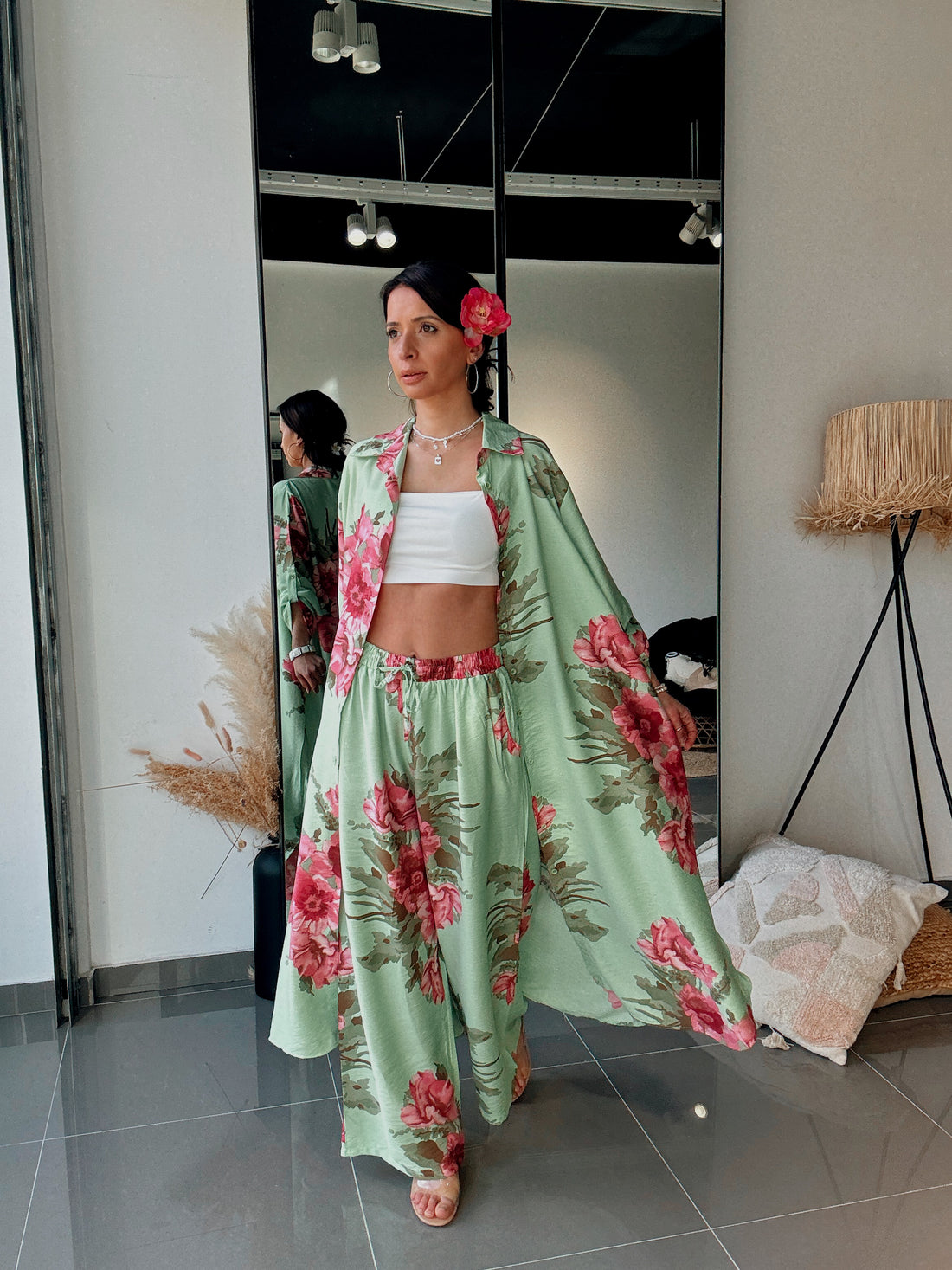 Ensemble Chemise & Pantalon Imprimé Floral-VERT - Fenomen Paris
