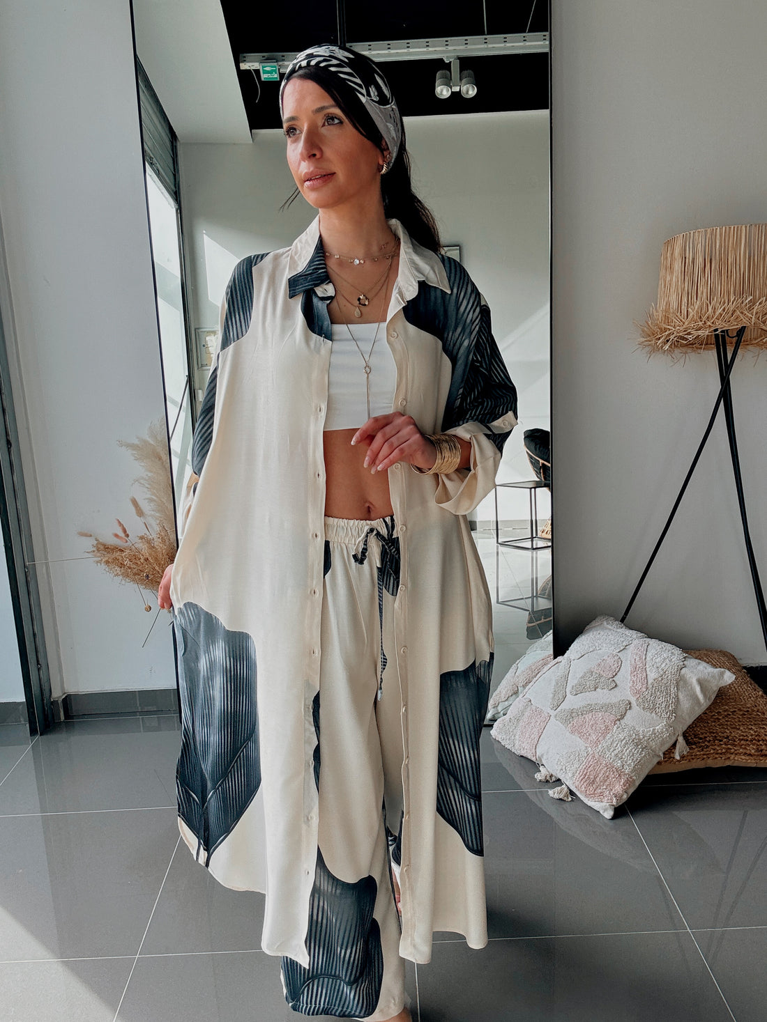Ensemble chemise longue & pantalon – Imprimé floral ECRU - Fenomen Paris