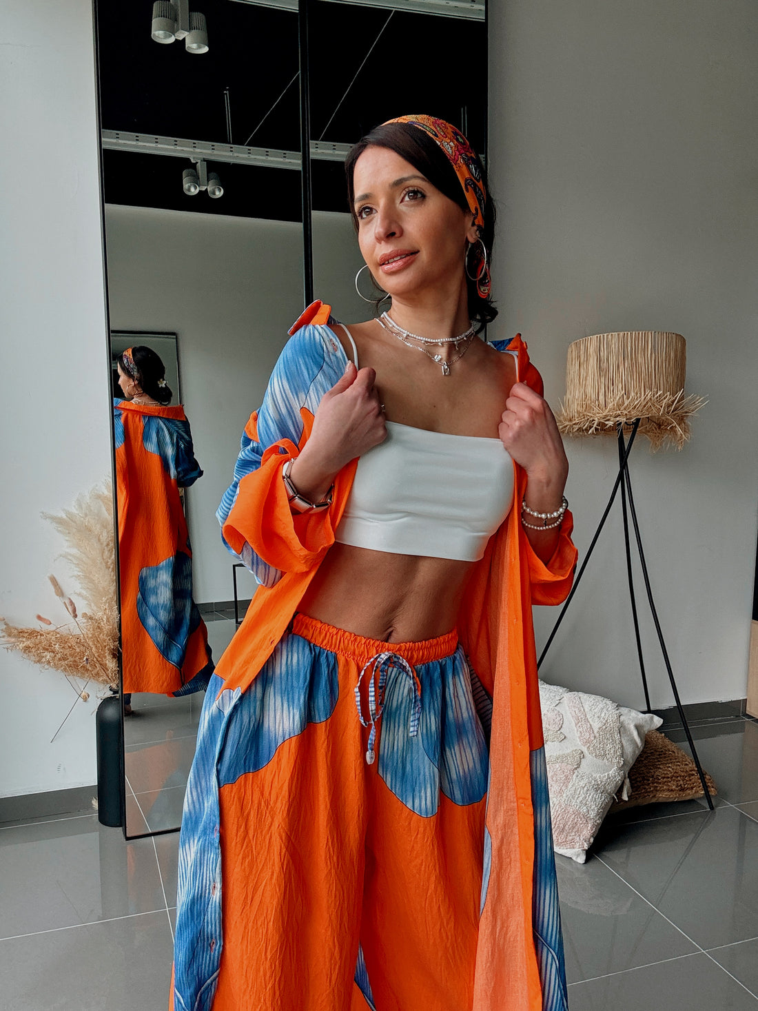 Ensemble chemise longue & pantalon – Imprimé floral ORANGE BLEU - Fenomen Paris