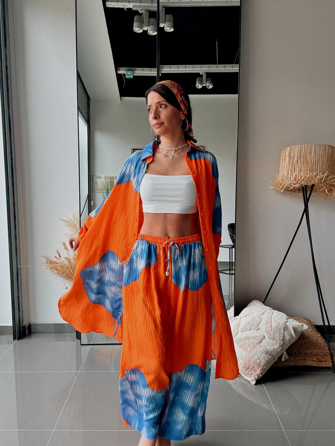 Ensemble chemise longue & pantalon – Imprimé floral ORANGE BLEU - Fenomen Paris