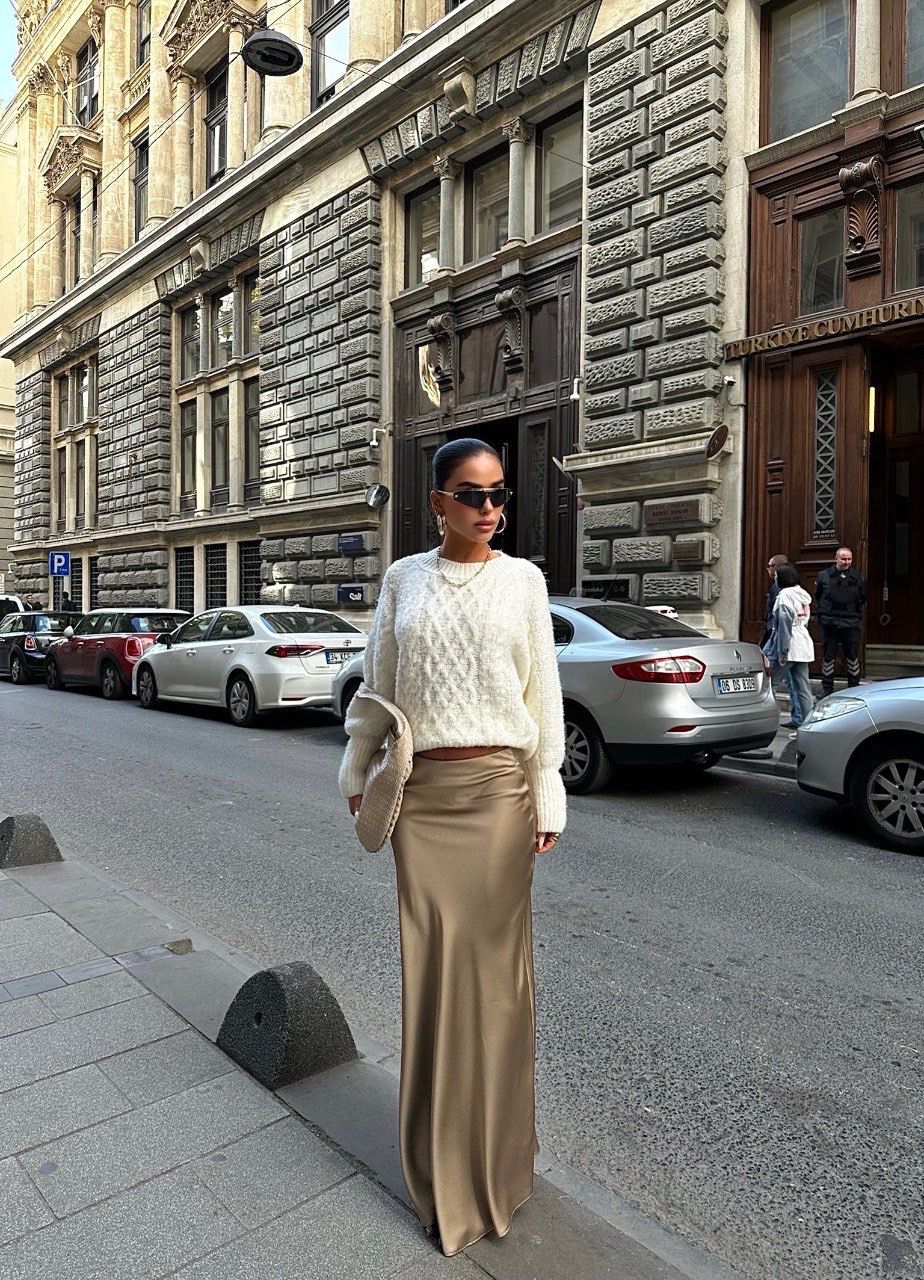 Jupe Longue Effet Satiné Taupe - Fenomen Paris