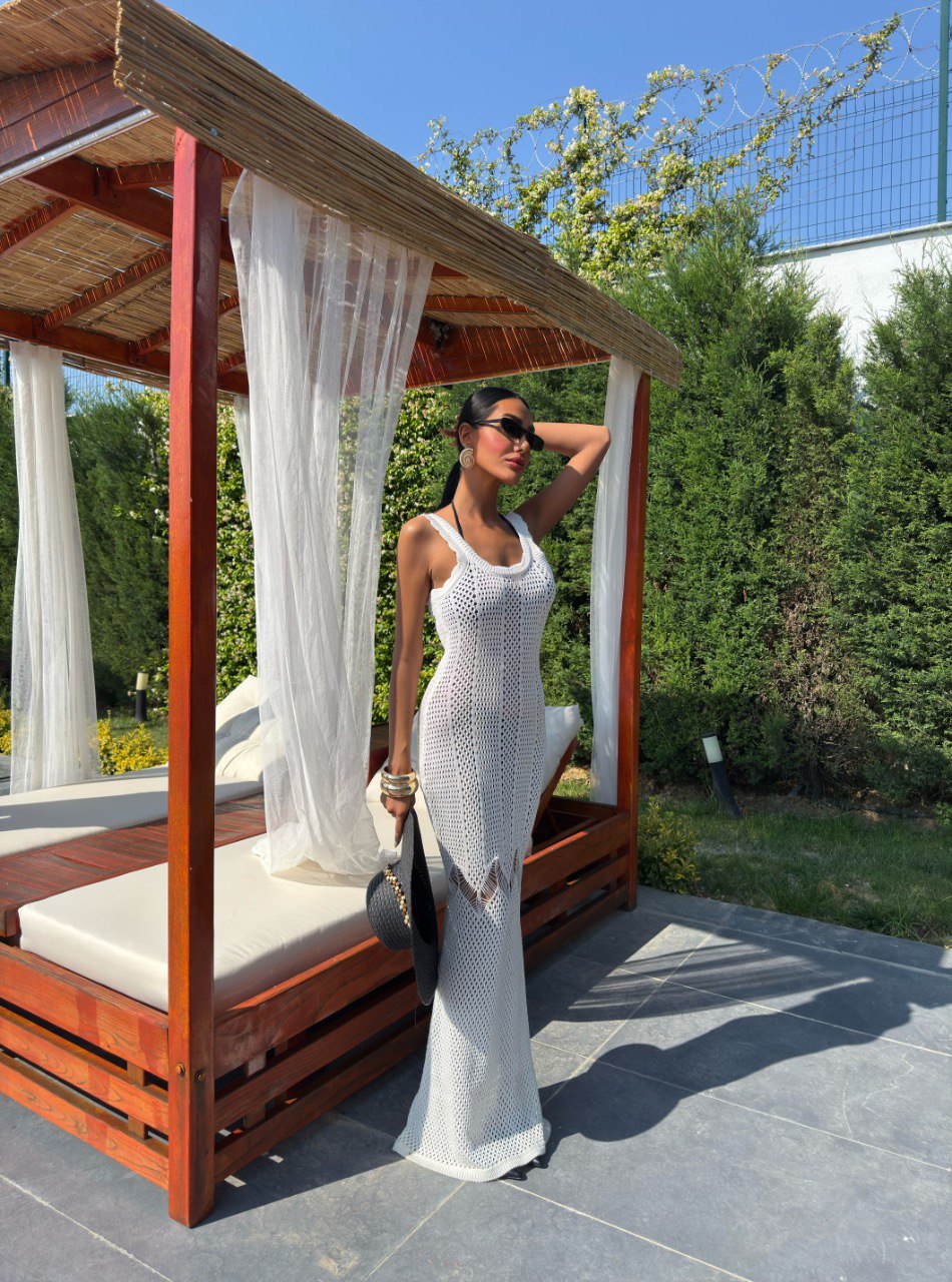 Robe Longue En Maille Crochet Blanche Transparente – Style Riviera Chic