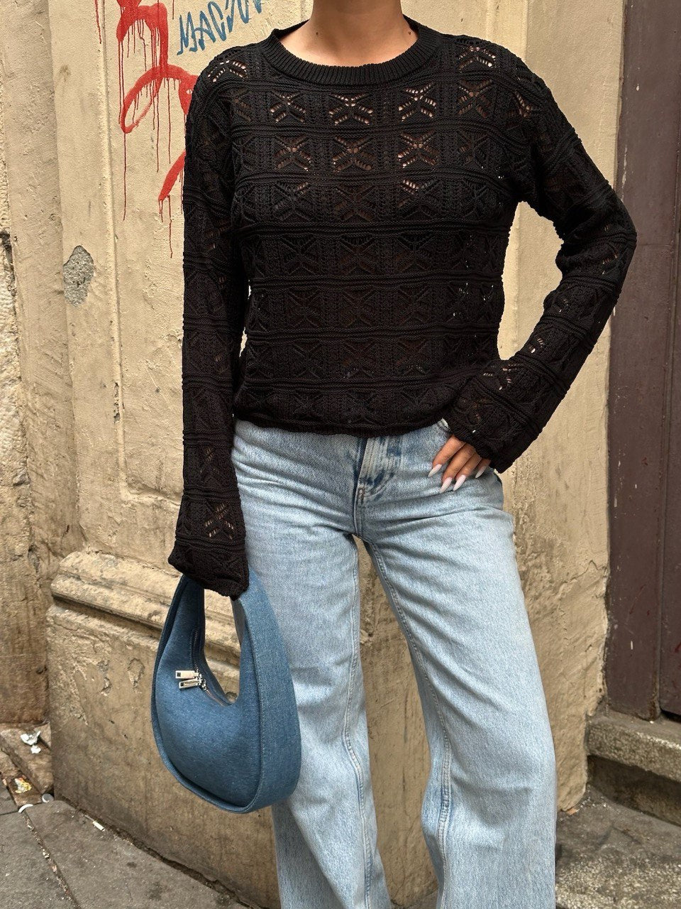 Pull En Maille Ajourée Manches Longues - Fenomen Paris