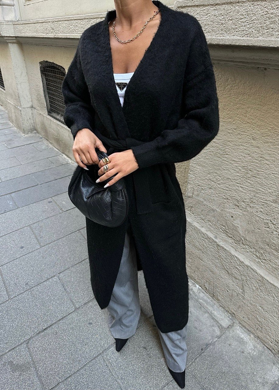 Long Gilet En Maille Avec Poches Et Ceinture - Fenomen Paris