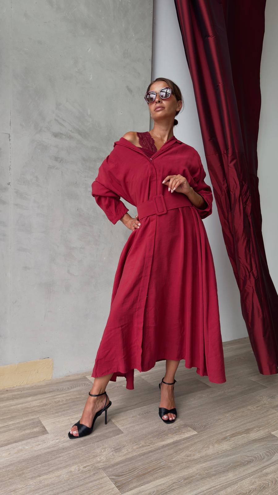 Robe Chemise Longue Bordeaux Avec Ceinture et Poches