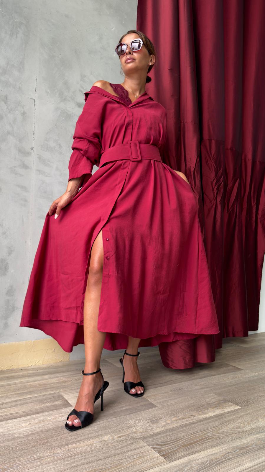 Robe Chemise Longue Bordeaux Avec Ceinture et Poches