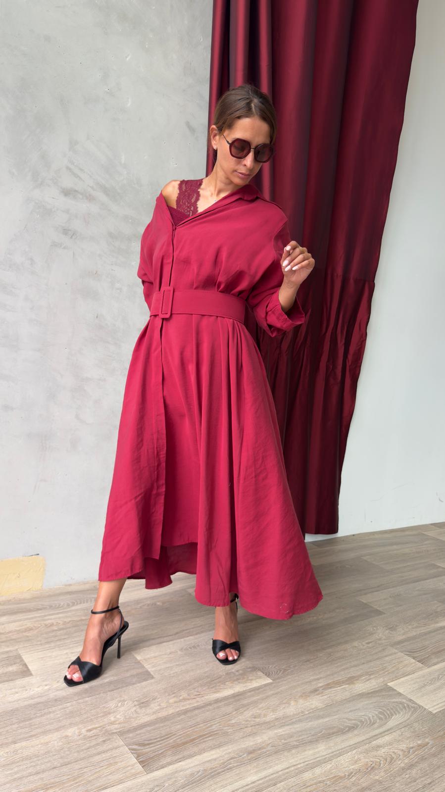 Robe Chemise Longue Bordeaux Avec Ceinture et Poches