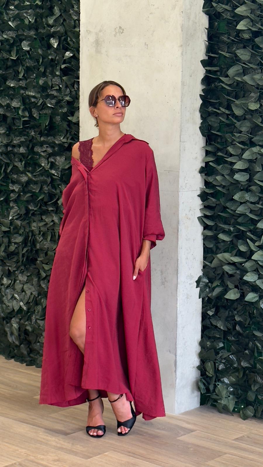 Robe Chemise Longue Bordeaux Avec Ceinture et Poches