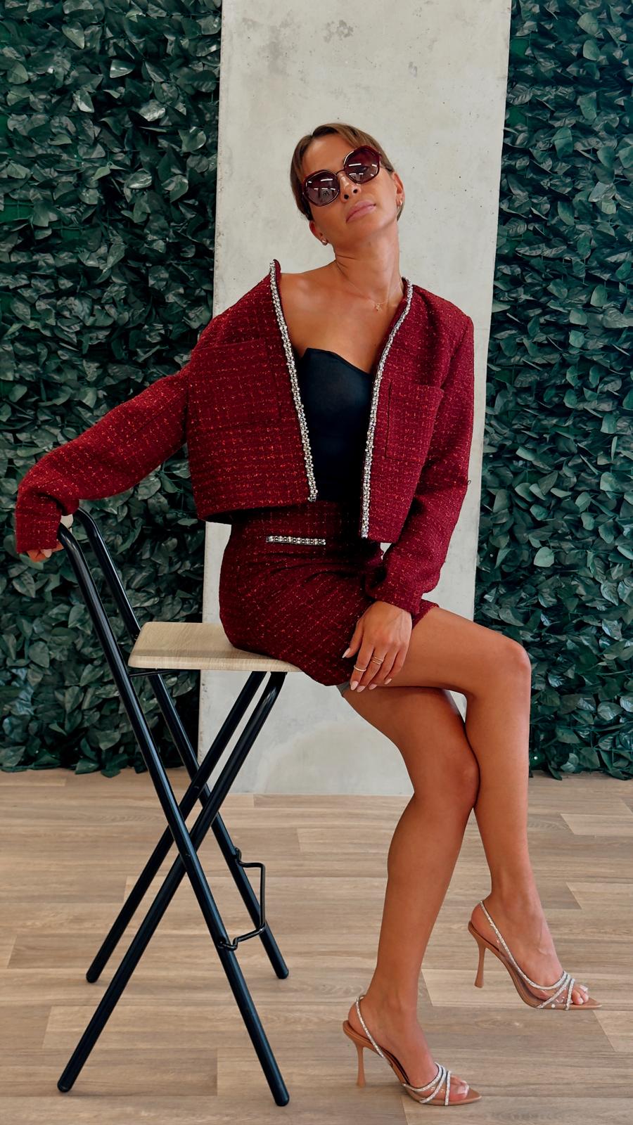 Ensemble Tailleur Veste & Mini Jupe Assortie Pailletté et Strass - Fenomen Paris