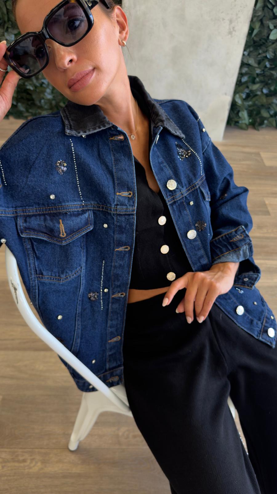 Veste Denim Manches Longues à Sequins Et Strass - Fenomen Paris