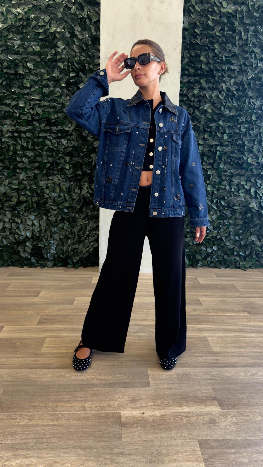 Veste Denim Manches Longues à Sequins Et Strass - Fenomen Paris