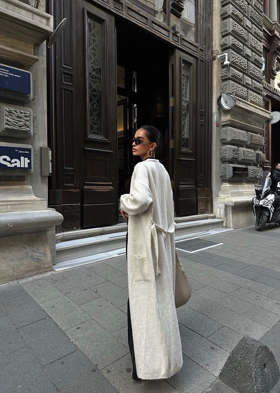 Long Gilet En Maille Avec Poches Et Ceinture - Fenomen Paris