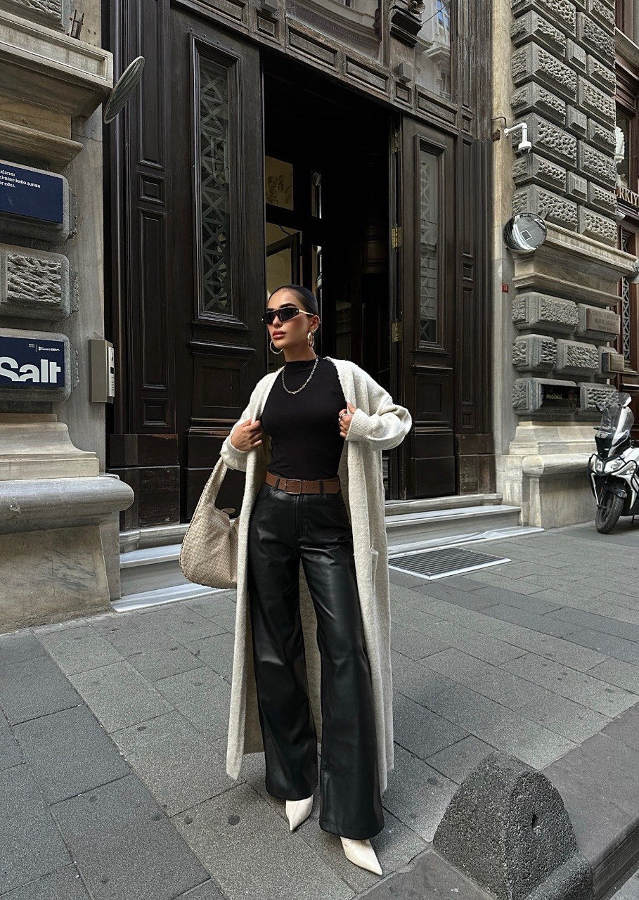 Long Gilet En Maille Avec Poches Et Ceinture - Fenomen Paris