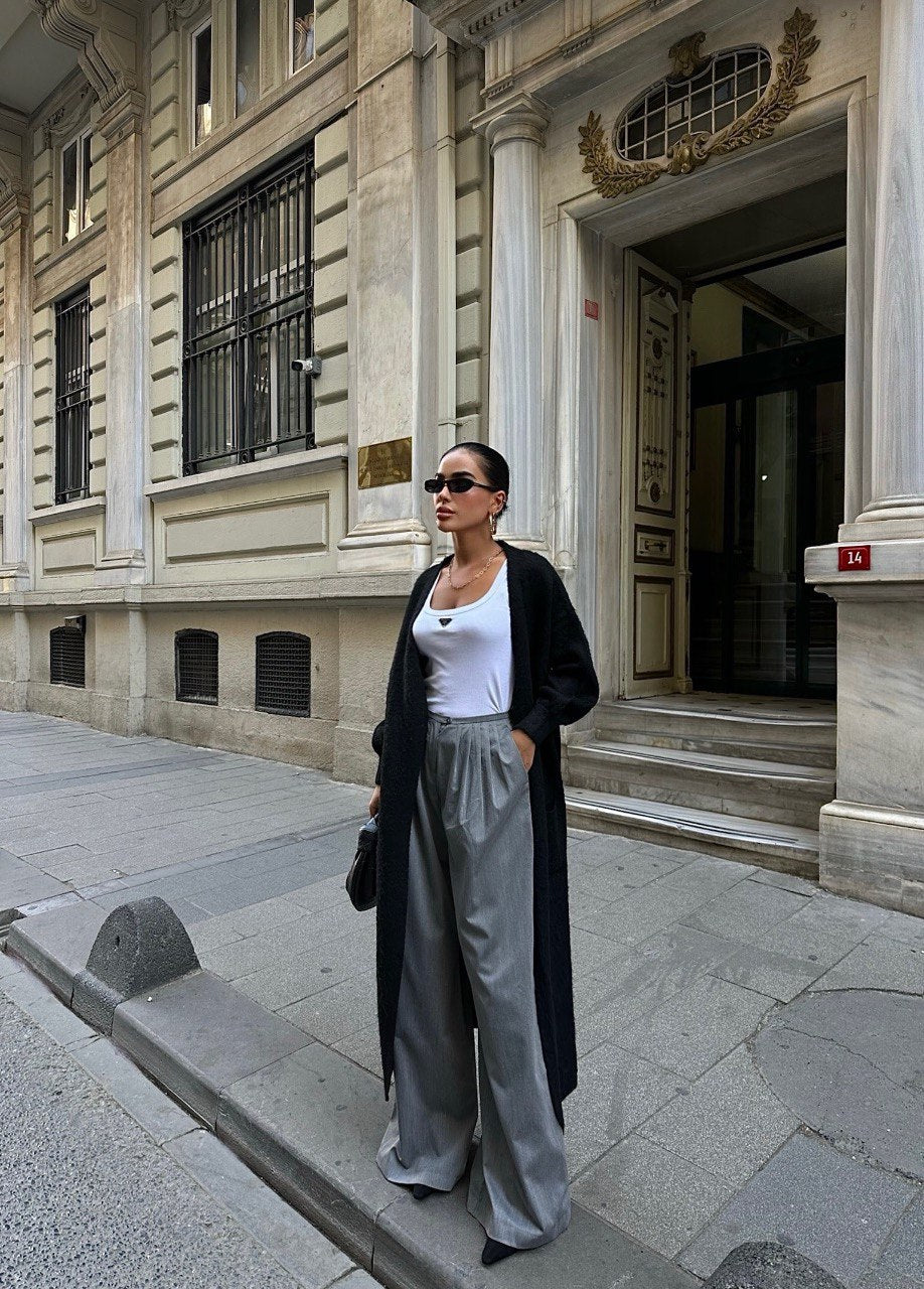 Long Gilet En Maille Avec Poches Et Ceinture - Fenomen Paris