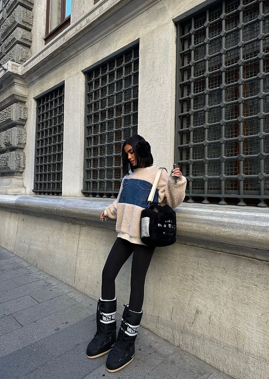 Sweat Oversize - Col Rond - bi-matière - Denim et Bouclette - Fenomen Paris