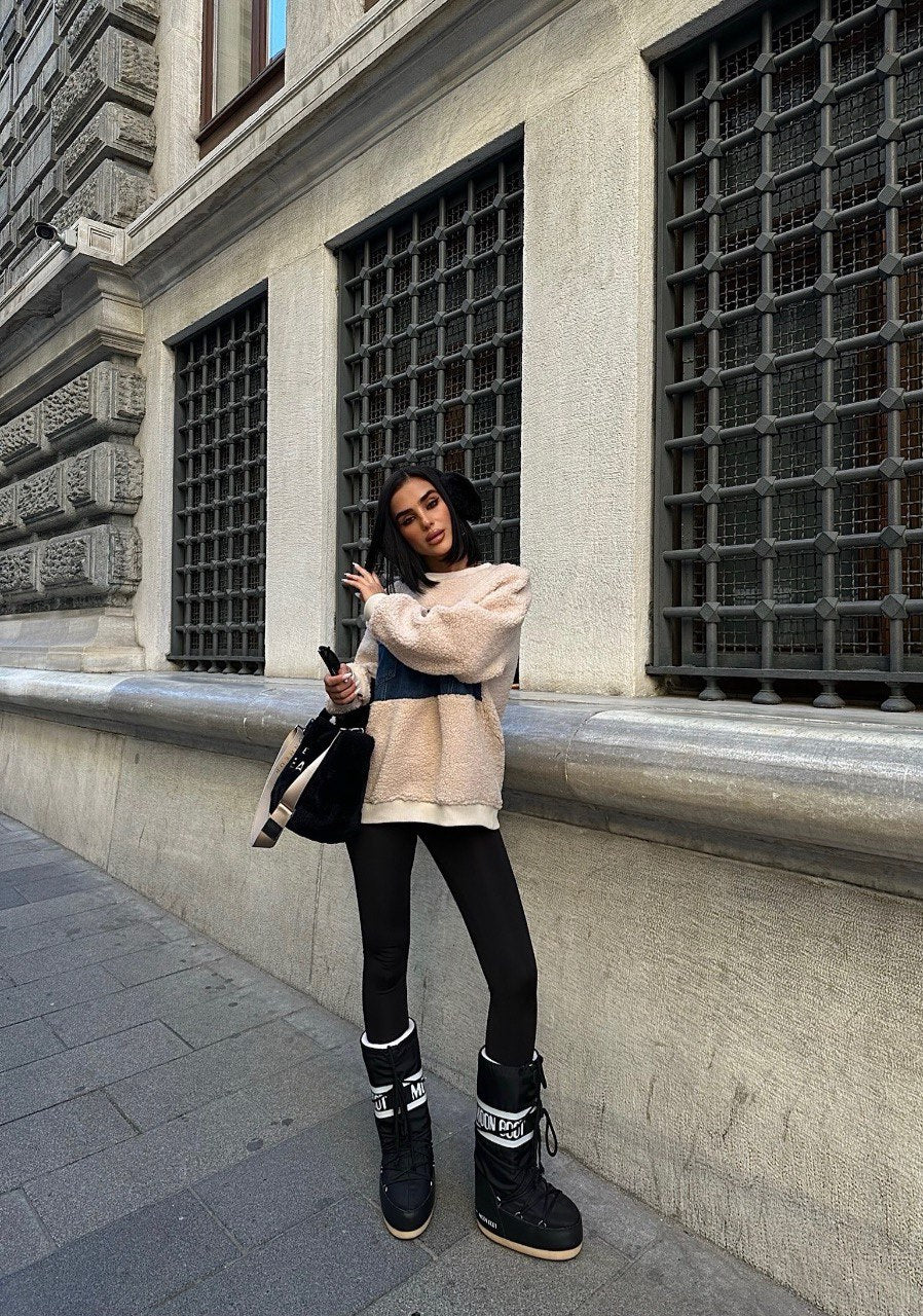 Sweat Oversize - Col Rond - bi-matière - Denim et Bouclette - Fenomen Paris