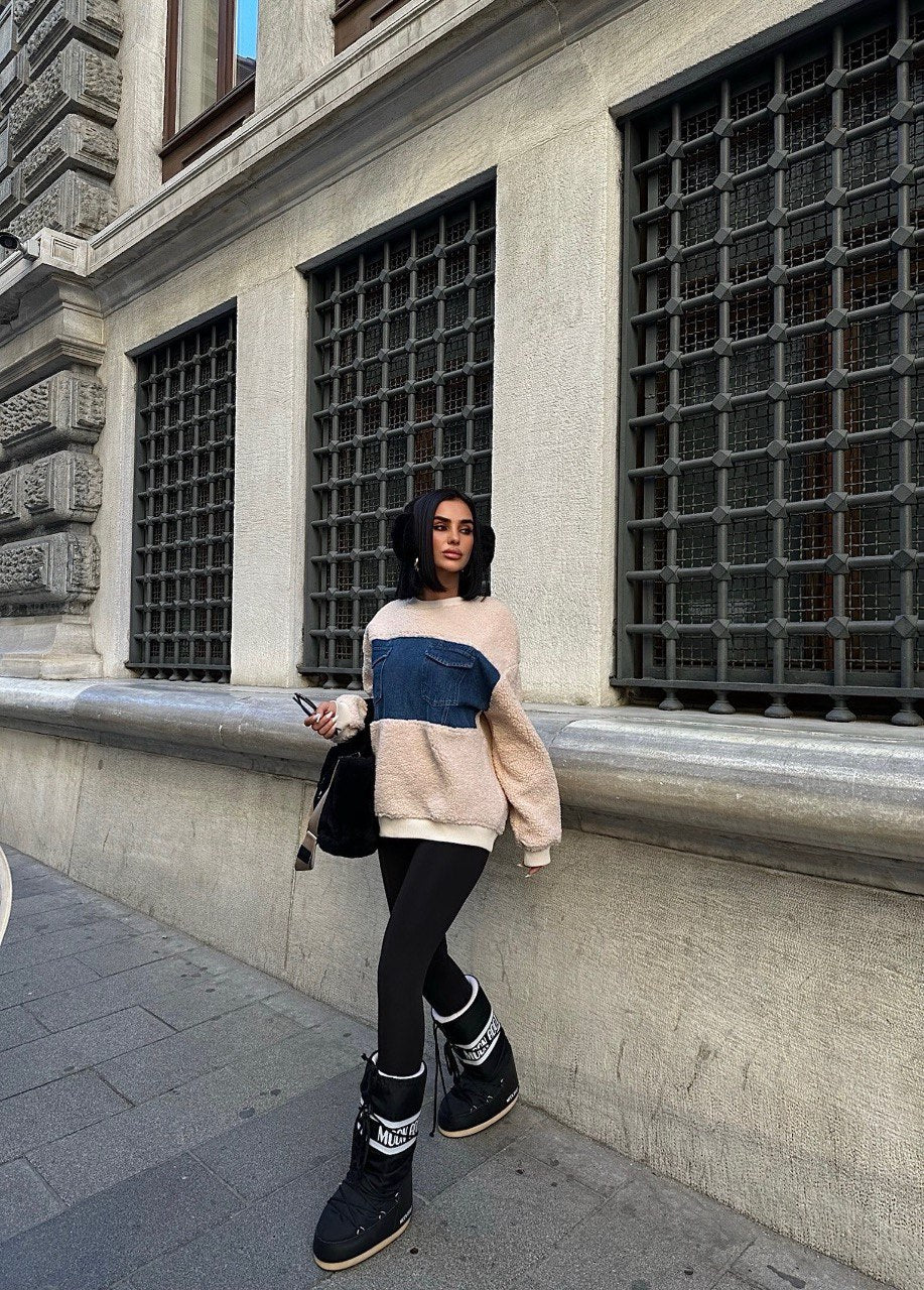 Sweat Oversize - Col Rond - bi-matière - Denim et Bouclette - Fenomen Paris