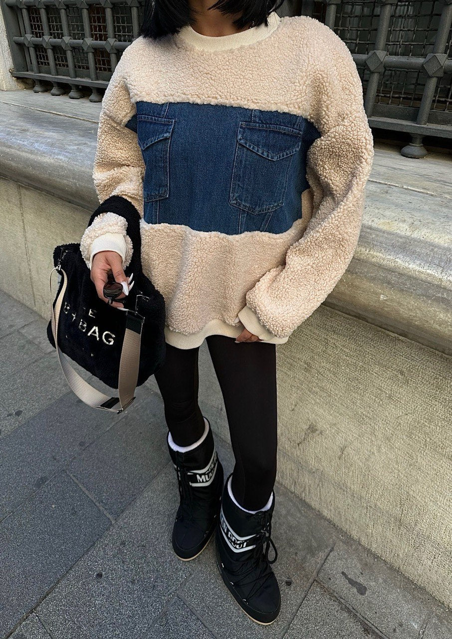 Sweat Oversize - Col Rond - bi-matière - Denim et Bouclette - Fenomen Paris