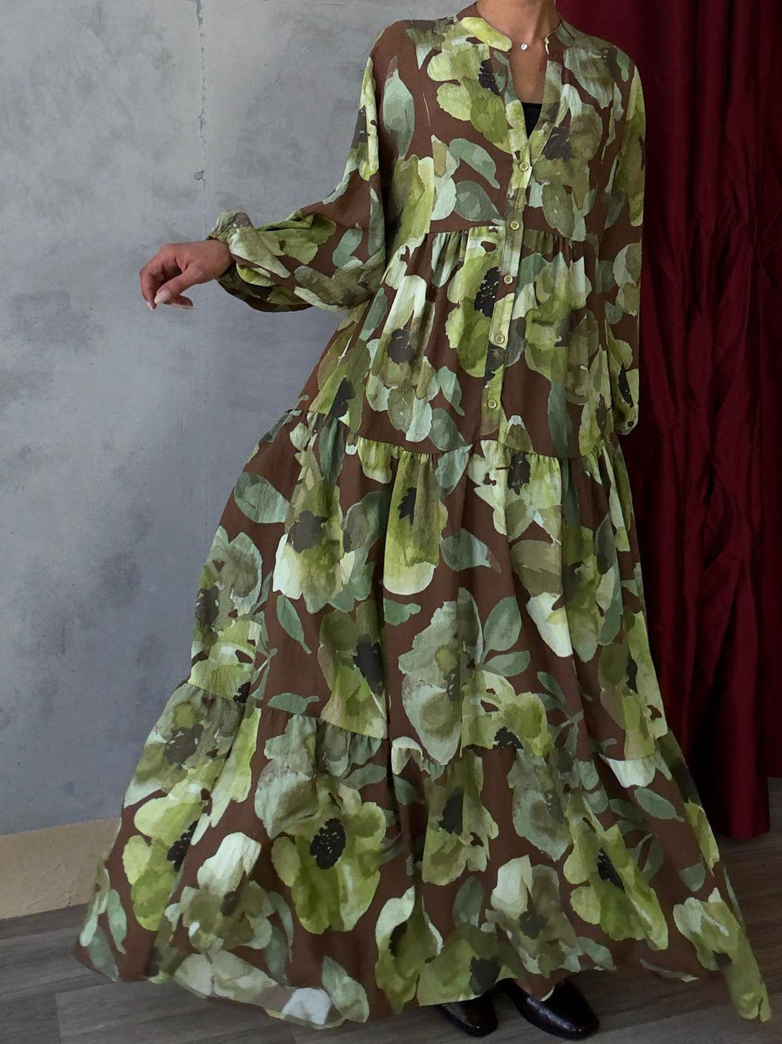 Robe Longue Ample Imprimé Floral - Manches Longues - Avec Viscose