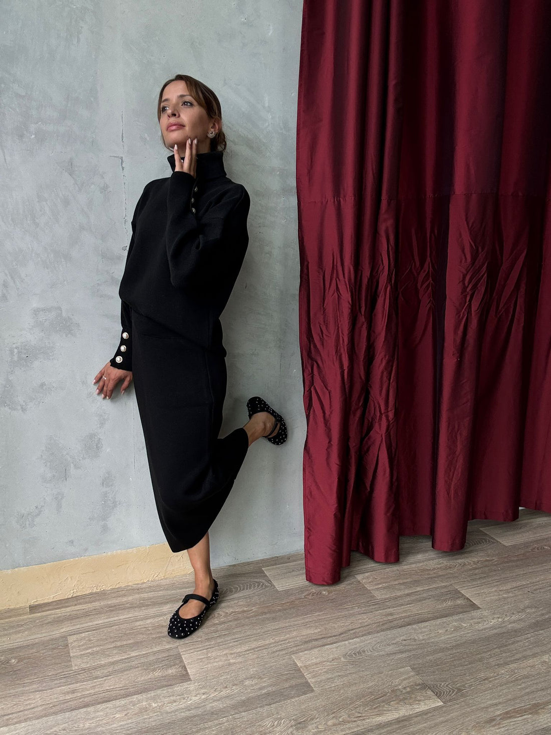 Ensemble en maille pull col roulé et jupe longue assortie