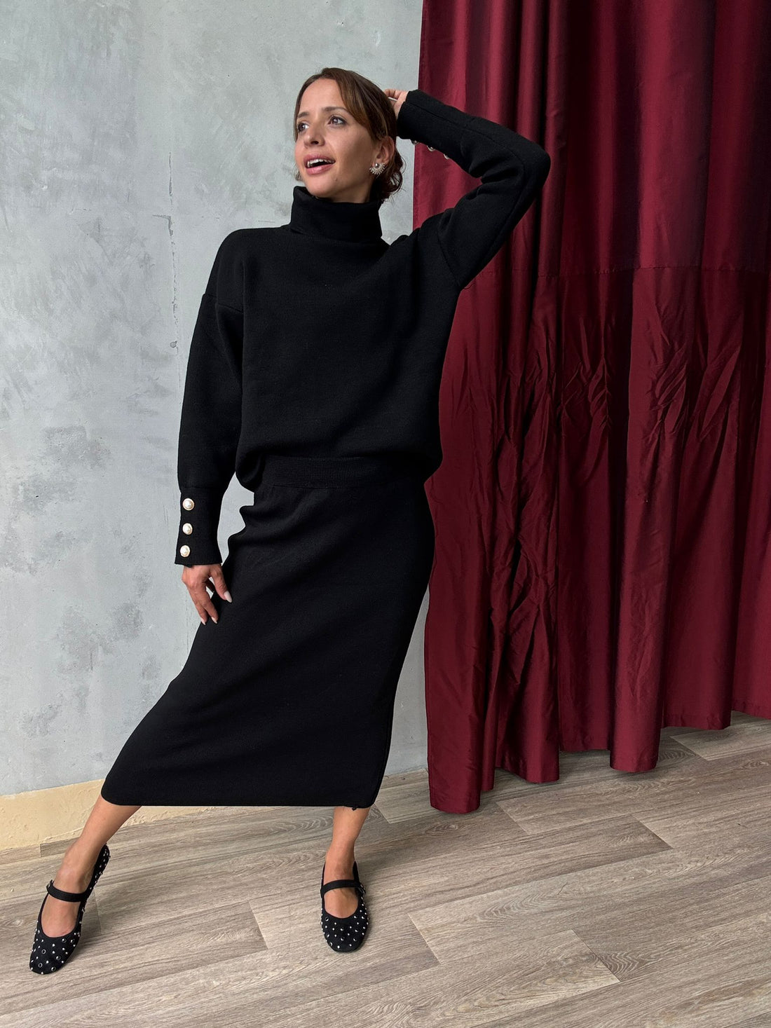 Ensemble en maille pull col roulé et jupe longue assortie