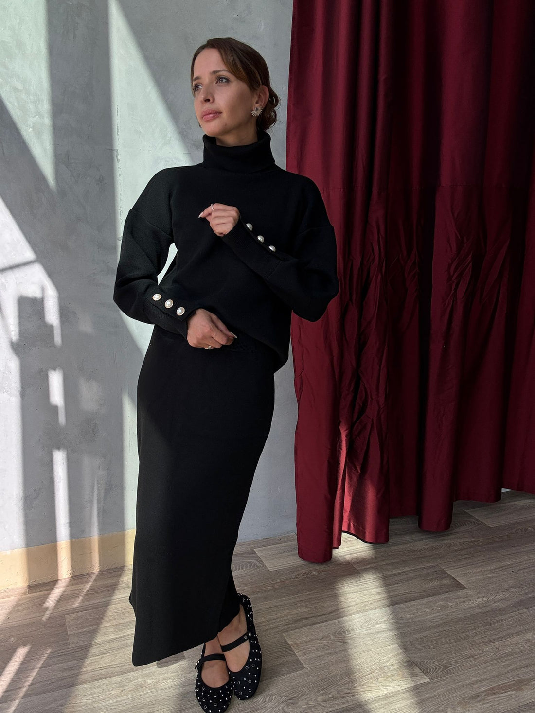 Ensemble en maille pull col roulé et jupe longue assortie