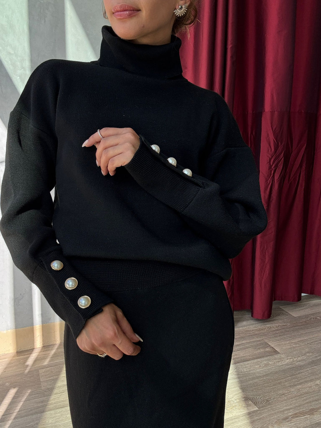 Ensemble en maille pull col roulé et jupe longue assortie