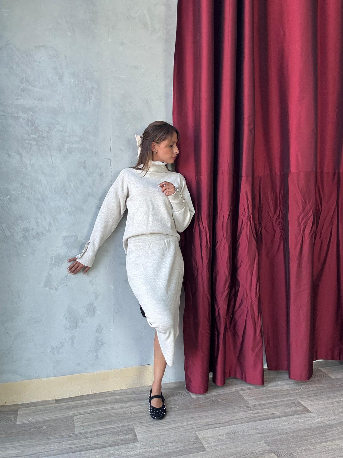 Ensemble en maille pull col roulé et jupe longue assortie