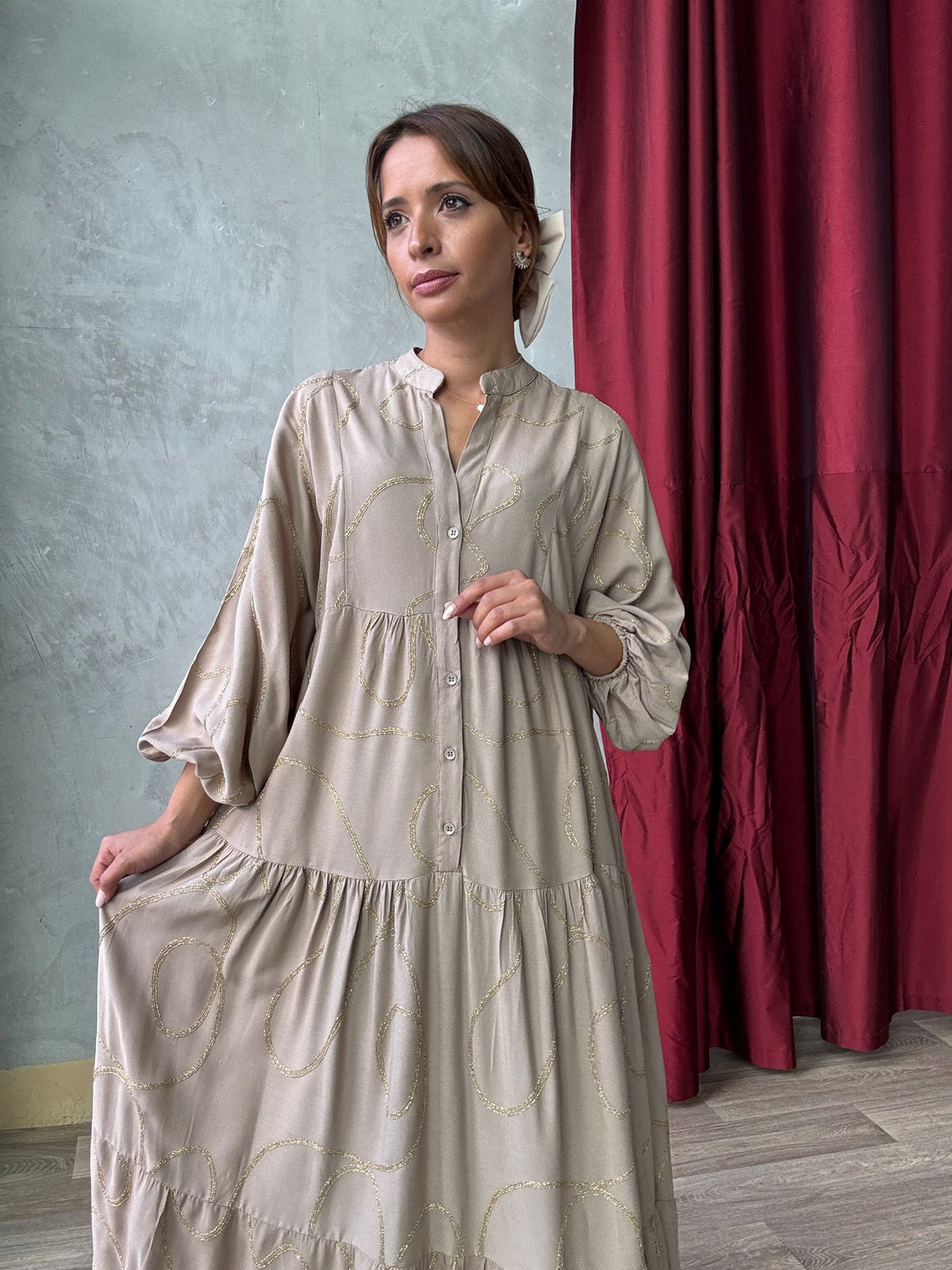 Robe Longue Fluide Imprimé Fil Doré - AEL001-423 - Fenomen Paris