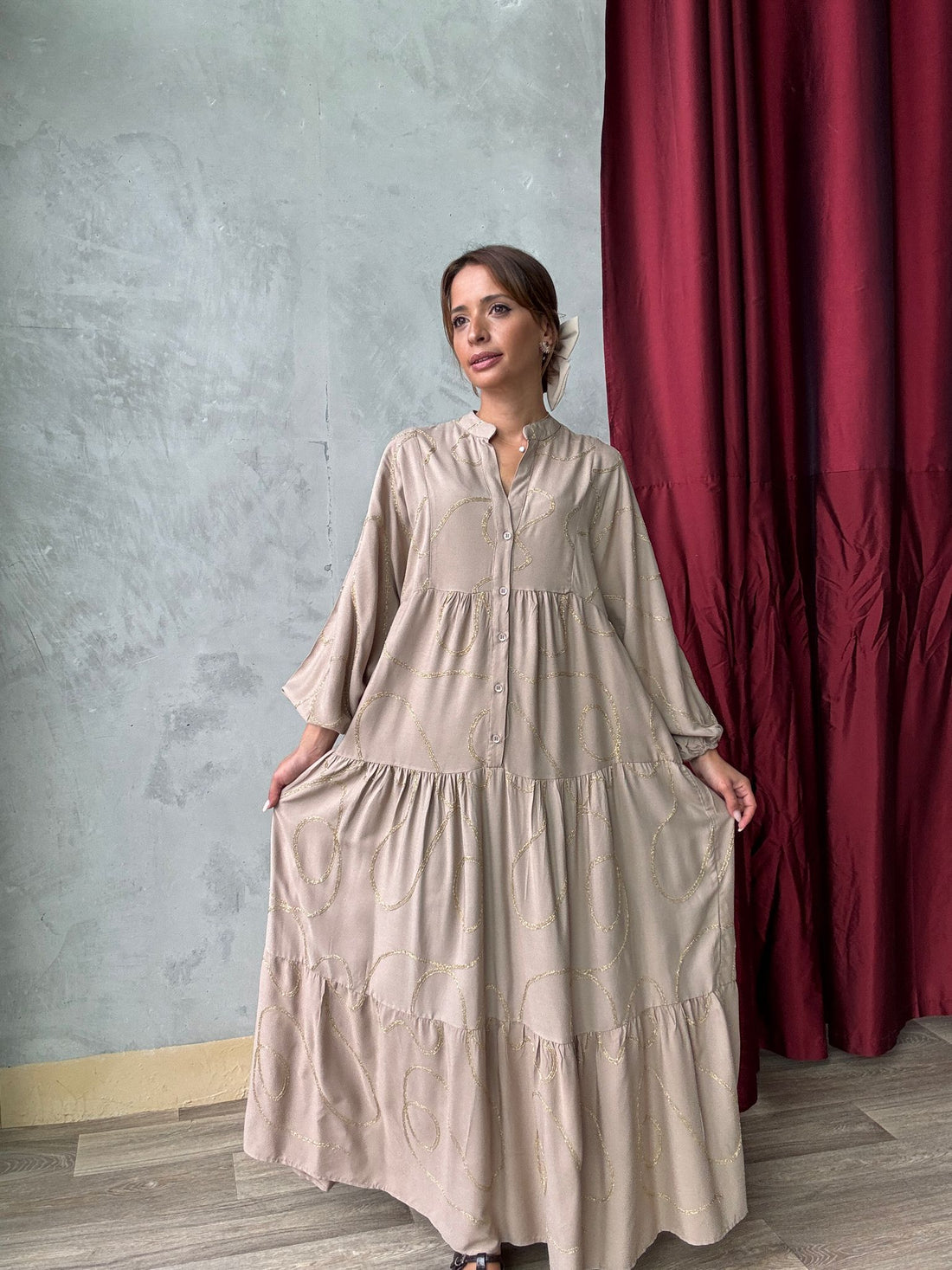 Robe Longue Fluide Imprimé Fil Doré - AEL001-423 - Fenomen Paris