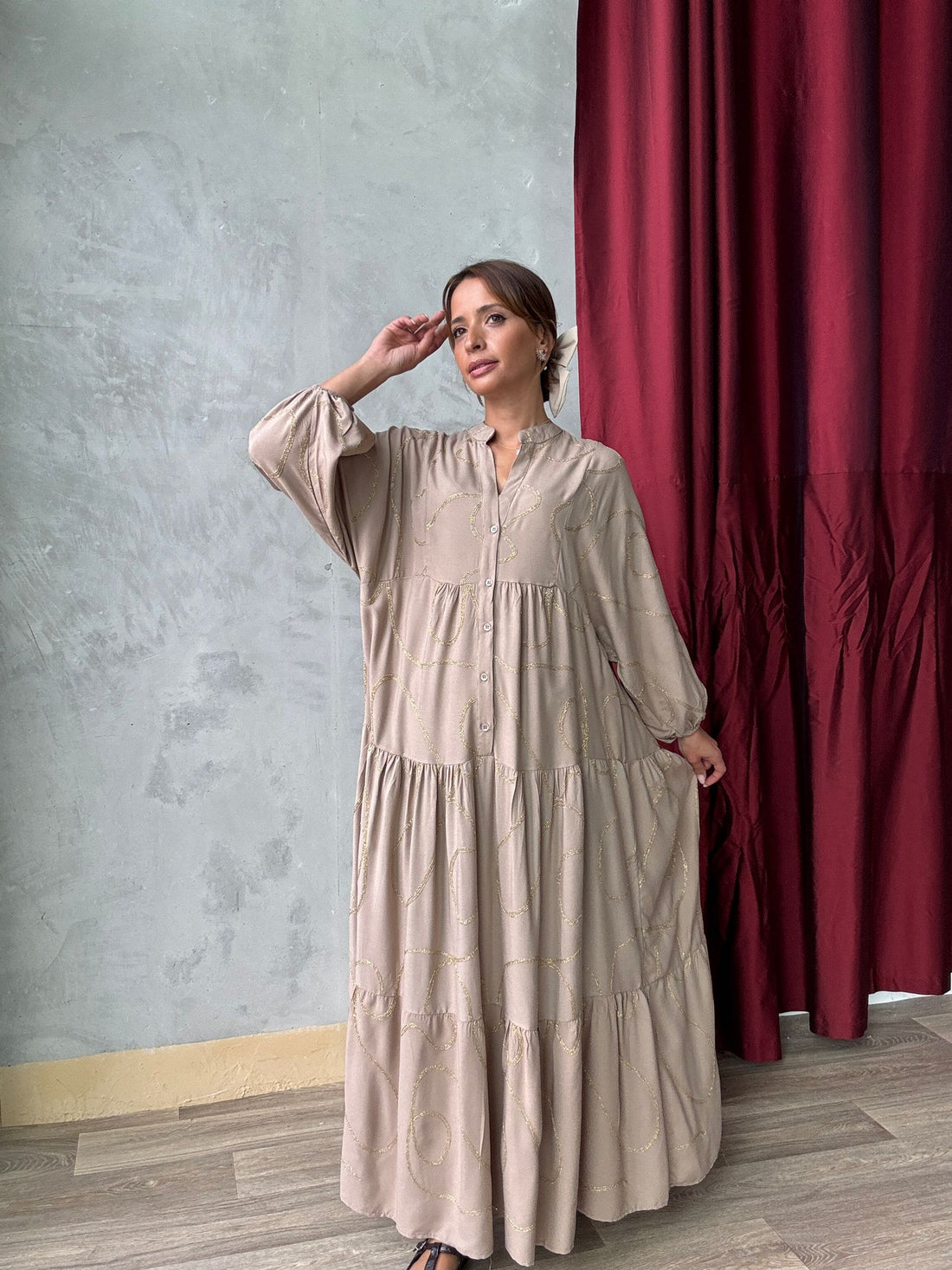 Robe Longue Fluide Imprimé Fil Doré - AEL001-423 - Fenomen Paris