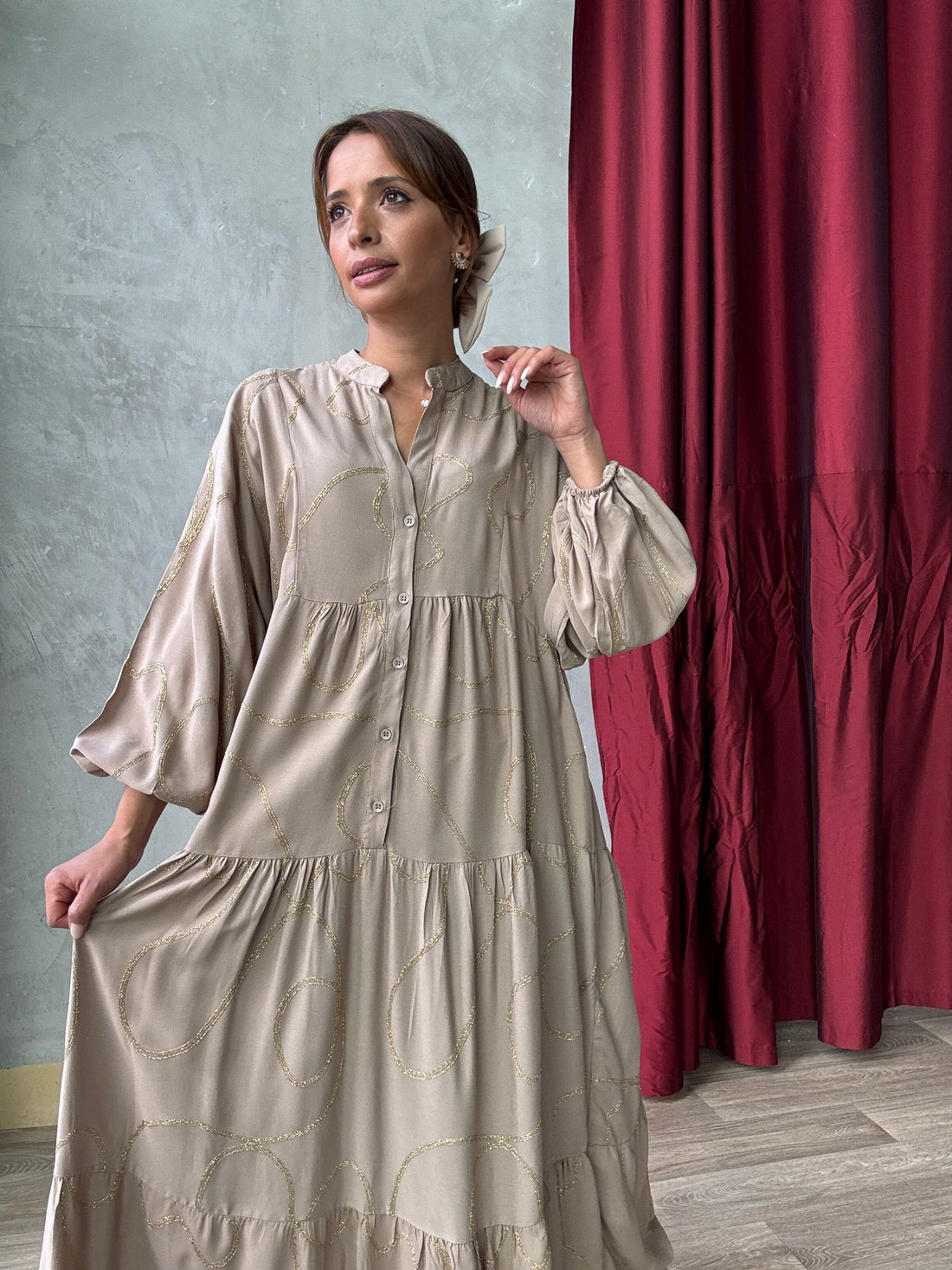 Robe Longue Fluide Imprimé Fil Doré - AEL001-423 - Fenomen Paris