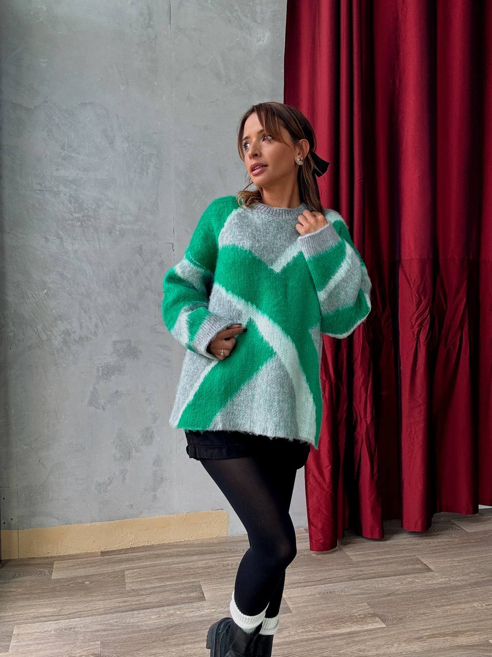 Pull En Maille Oversize Graphique Vert Gris - Fenomen Paris