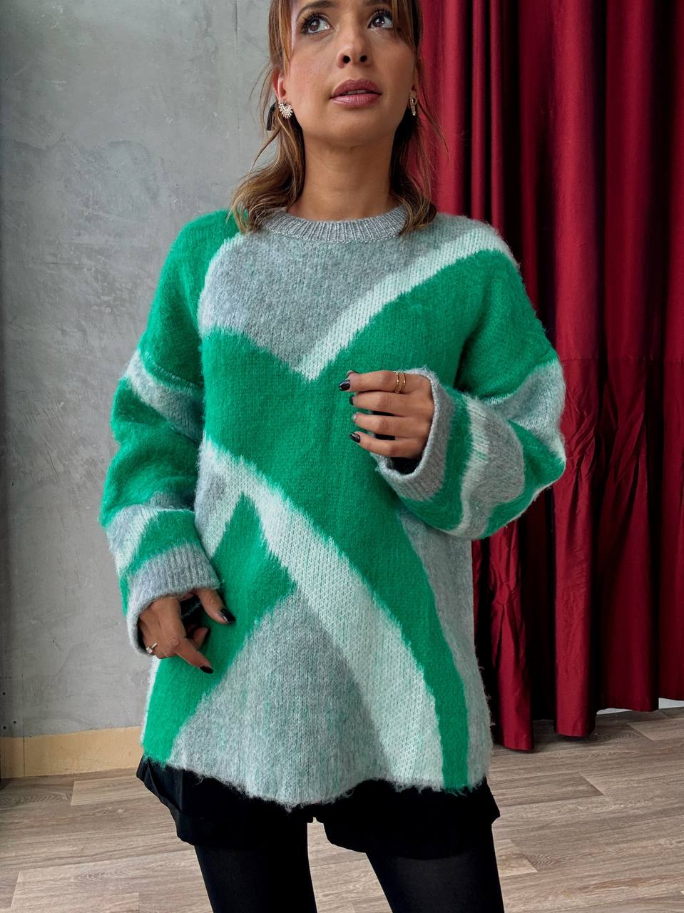 Pull En Maille Oversize Graphique Vert Gris - Fenomen Paris