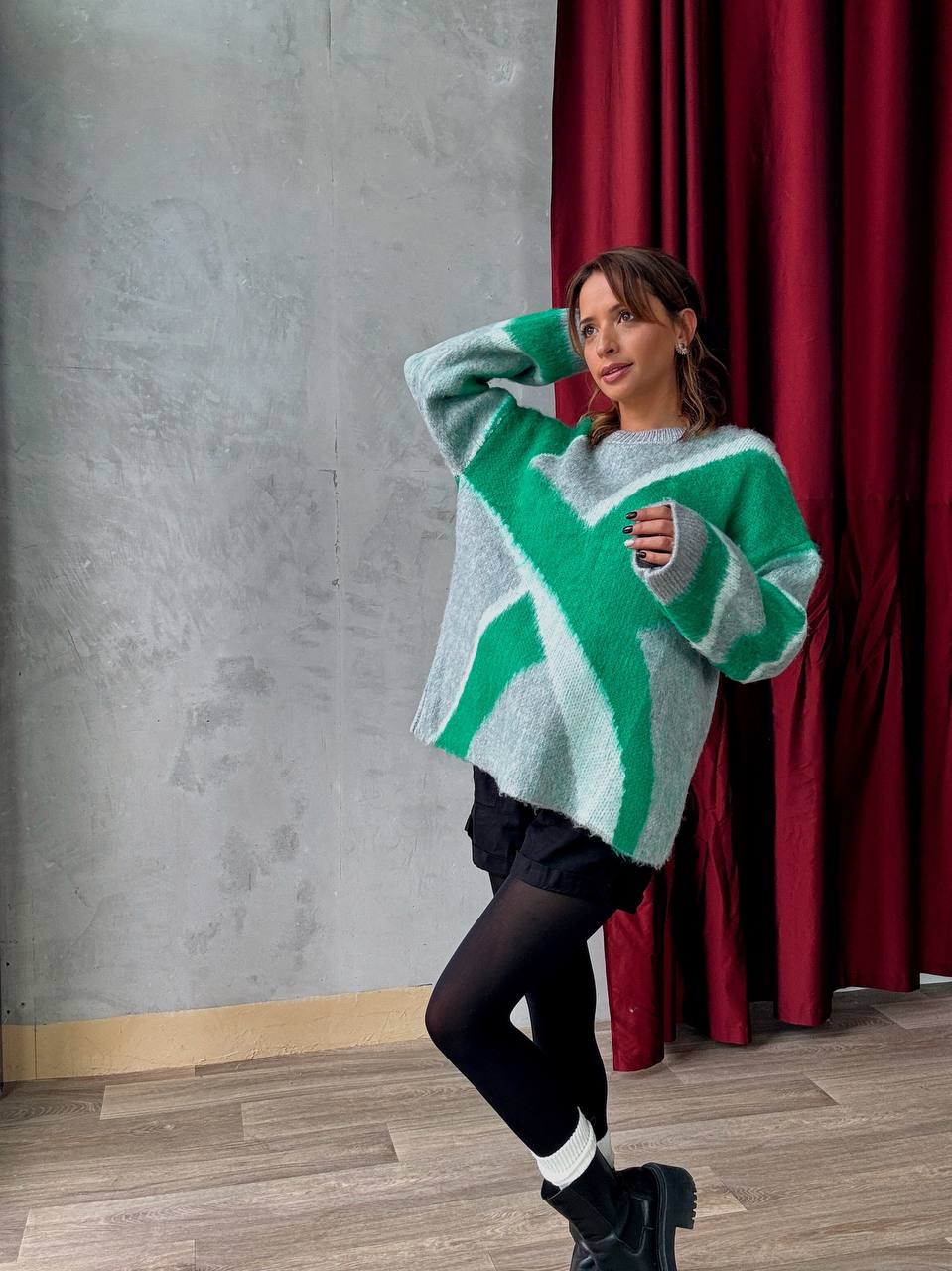 Pull En Maille Oversize Graphique Vert Gris - Fenomen Paris