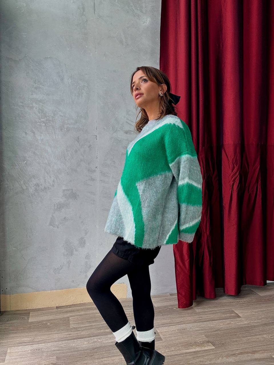 Pull En Maille Oversize Graphique Vert Gris - Fenomen Paris