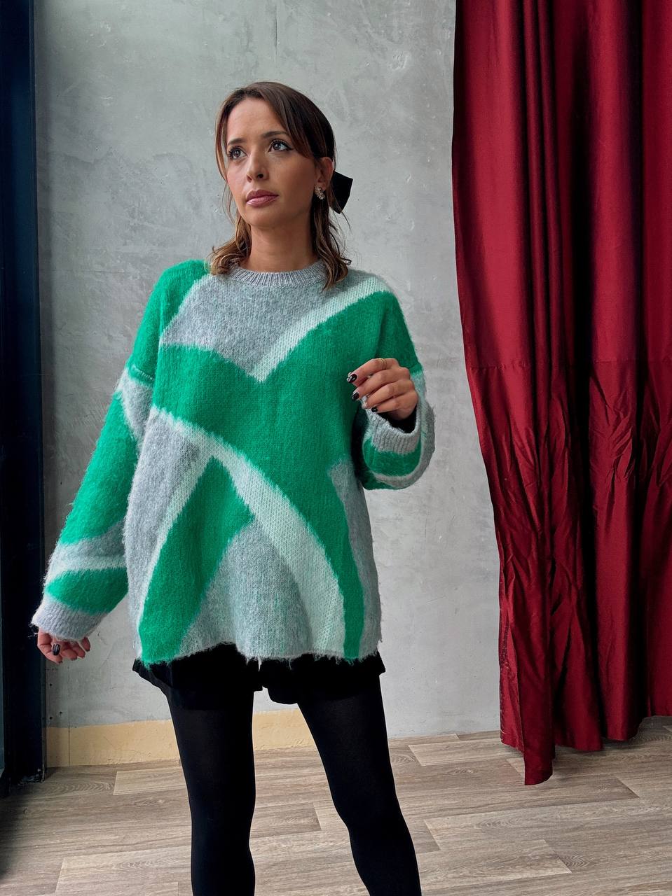 Pull En Maille Oversize Graphique Vert Gris - Fenomen Paris