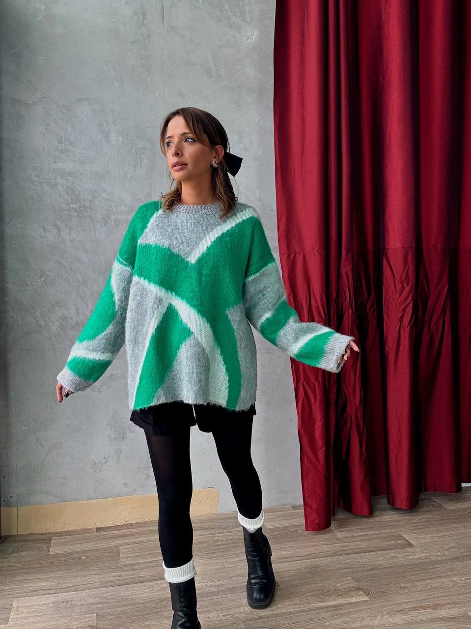 Pull En Maille Oversize Graphique Vert Gris - Fenomen Paris