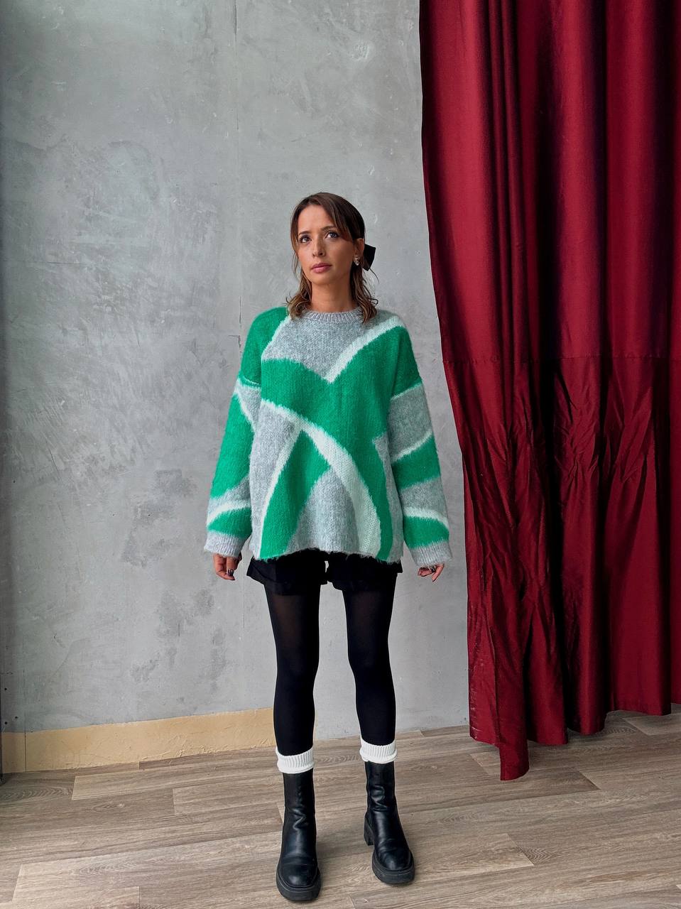 Pull En Maille Oversize Graphique Vert Gris - Fenomen Paris